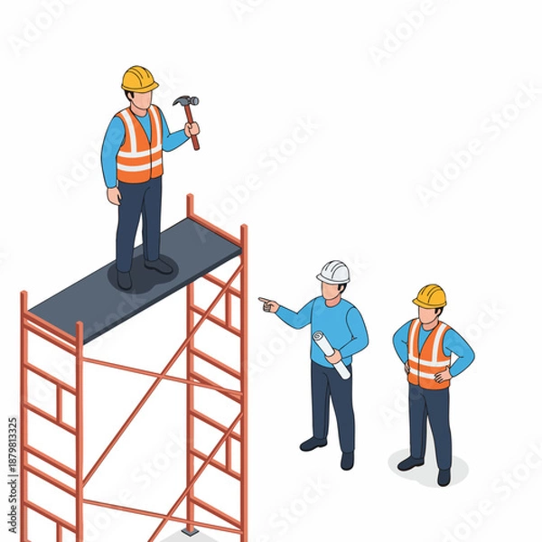 Obraz Construction Workers Collaborating on a Scaffolding Project with Blueprints.