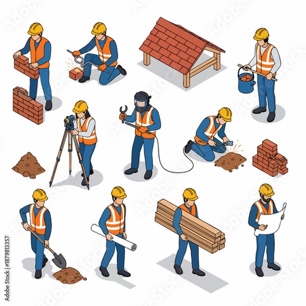 Obraz Construction Workers Engaged in Various Building Activities, Isometric Vector Illustration.