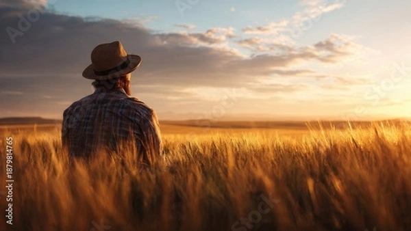 Obraz Farmer in Wheat Field at Sunset