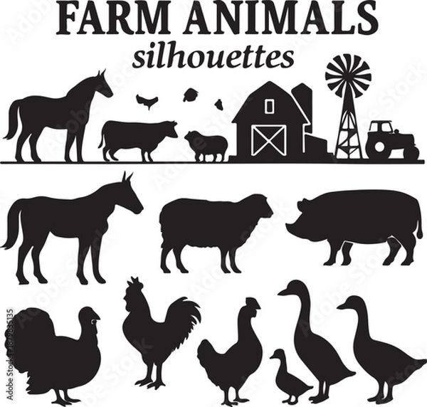 Obraz Farm Animals Silhouettes Vector Illustration