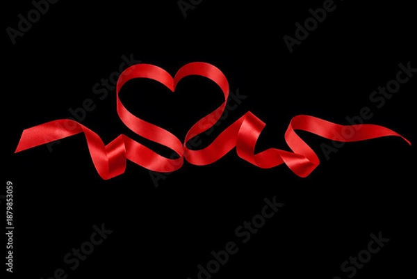 Obraz 黒背景に浮かぶ赤いリボンのハート装飾