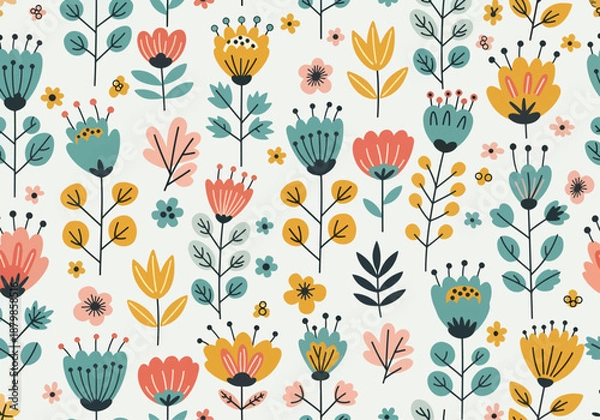 Fototapeta Flowers Seamless Repeat Pattern Vector. Flowers and Leaves Seamless Repeat Pattern Vector Illustration eps