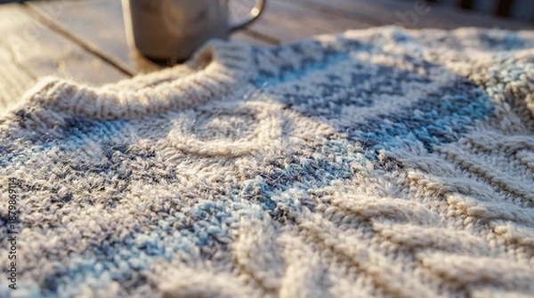 Obraz 朝の光に包まれたフェアアイル・ニットの質感、手編みウールの温もりを感じる冬の暮らし