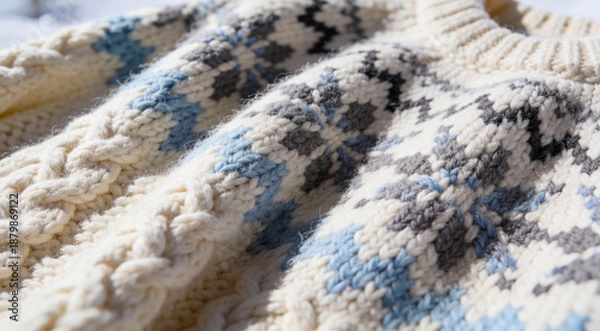 Obraz 極上の温もりを感じるフェアアイル・ニットの超接写、天然ウールの毛羽立ちと手編みの立体感