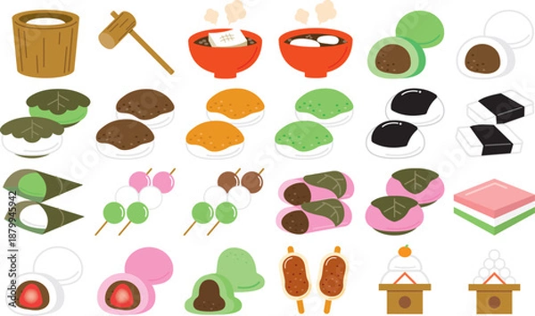 Obraz 春の和菓子とお餅のアイコンセット