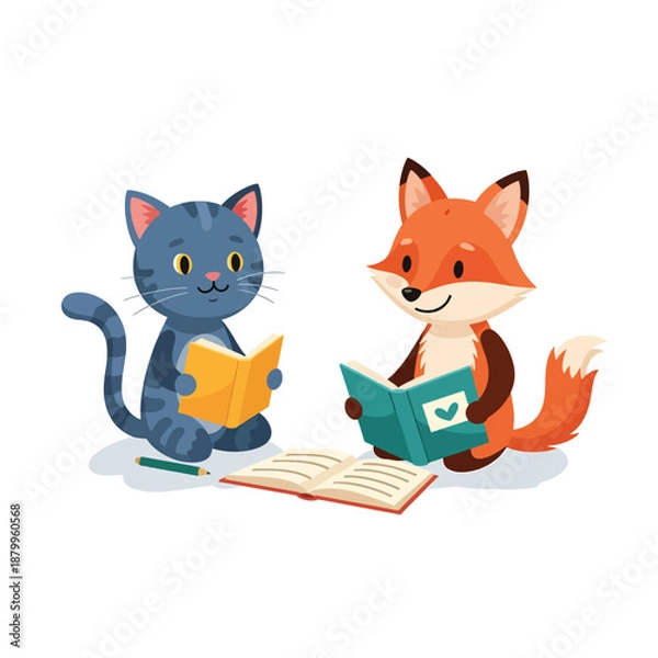 Obraz Cat and Fox Reading Together