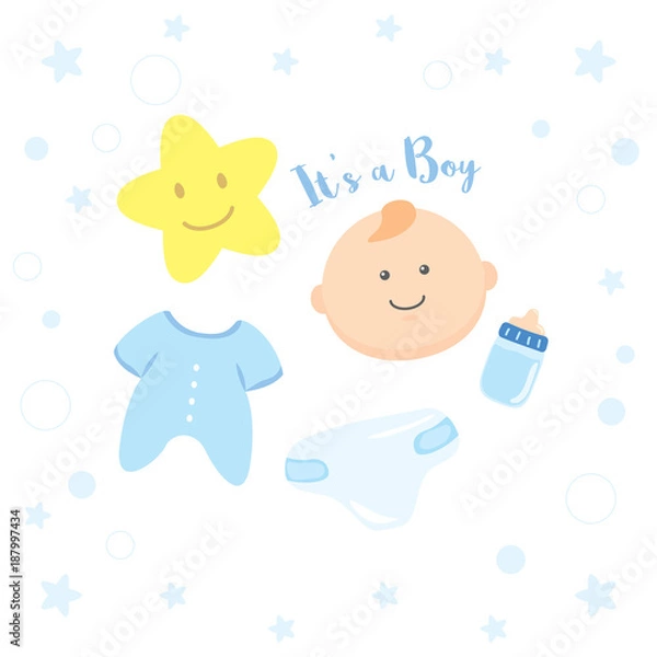Fototapeta Baby Boy Shower, Happy Birthday for new born celebration greeting and invitation card.