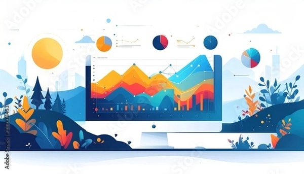 Fototapeta Data Visualization on Computer Screen with Nature Elements.