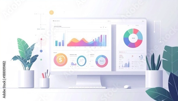 Fototapeta Data Visualization on Computer Screen with Plants and Accessories.