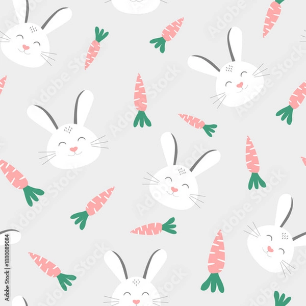 Obraz Vector Easter seamless pattern with cute bunnies and carrots on the gray background