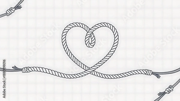 Obraz Rope Heart Knot on White Grid Background with Frayed Ends - Complex Relationship