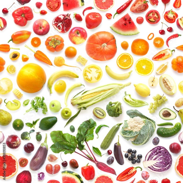 Obraz Food texture. Seamless pattern of various fresh vegetables and fruits isolated on white background, top view, flat lay. Composition of food.