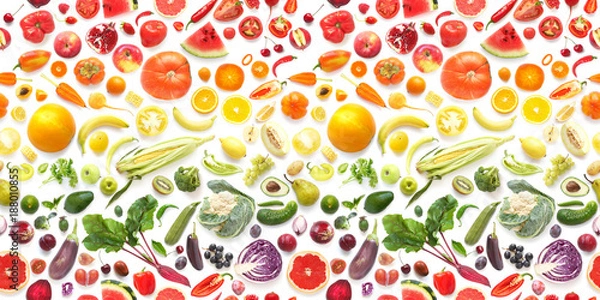 Obraz Food texture. Seamless pattern of various fresh vegetables and fruits isolated on white background, top view, flat lay. Composition of food.