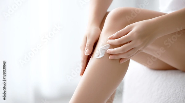 Fototapeta 脚に保湿クリームを塗ってボディケアをしている女性
