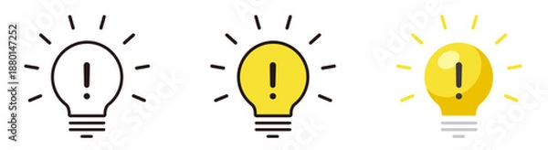 Fototapeta 電球のアイコン。気づき、発見、ひらめきのデザイン。ビックリマークとランプ。Light bulb icon.