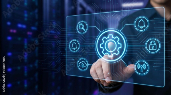 Obraz Hand interacting with futuristic digital interface in server room