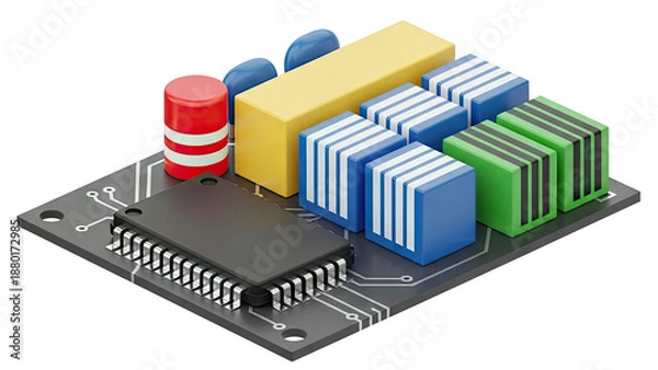 Obraz Electronic Circuit Board Components with Microchip and Capacitors