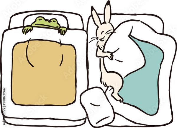 Obraz 鳥獣戯画　うさぎとカエル和風の布団で眠るイラストレーション