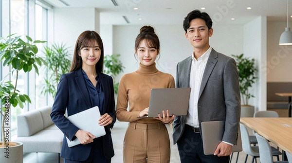 Obraz ノートパソコンを抱える若い男女の会社員