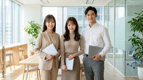 Obraz ノートパソコンを抱える若い男女の会社員