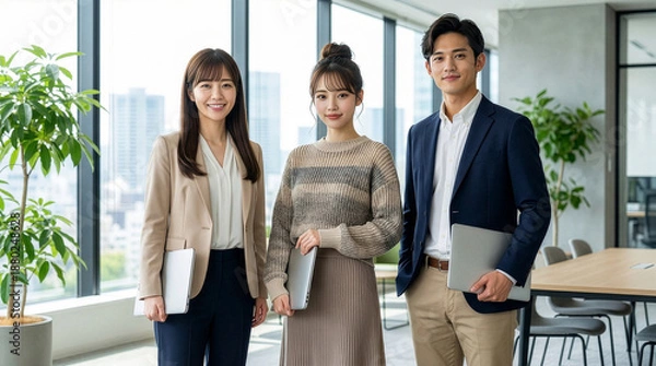 Obraz ノートパソコンを抱える若い男女の会社員