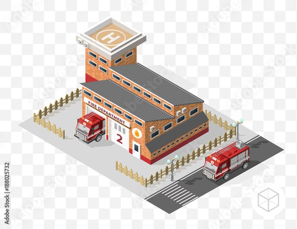 Fototapeta Set of Isolated High Quality Isometric City Elements . Fire Department on Transport Background