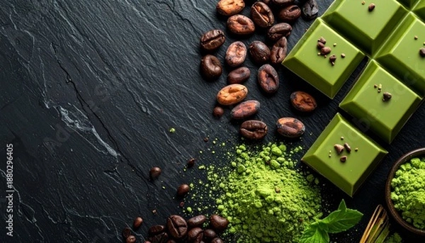 Obraz 黒背景の抹茶チョコレートとカカオ豆のフレーム　抹茶パウダーがかかった高級スイーツイメージ
