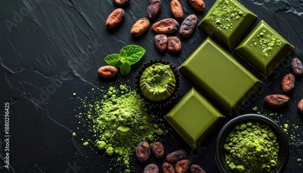 Obraz 黒背景の抹茶チョコレートとカカオ豆 抹茶パウダーがかかった高級スイーツイメージ