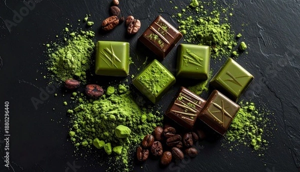 Obraz 黒背景の抹茶チョコレートとカカオ豆 抹茶パウダーがかかった高級スイーツイメージ