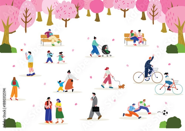 Obraz 桜の咲く公園で過ごす人々