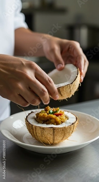 Fototapeta Coconut Creation: Culinary Hands at Work