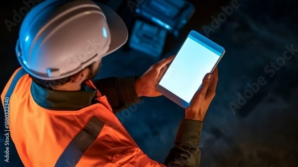 Obraz Construction worker in hard hat examining project plans on a digital tablet device.