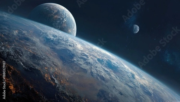 Obraz Three celestial bodies glow against deep, dark space