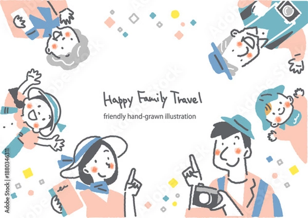 Obraz 楽しい家族旅行　カラフルでお洒落な手描きの人物イラスト