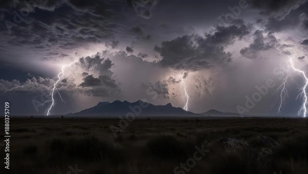 Fototapeta Dramatic lightning storm over a flat, arid landscape