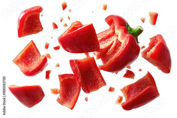 Obraz Bright red bell pepper chunks exploding into pieces against a dark background