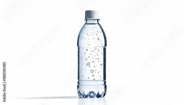 Fototapeta Crystal clear bottled water with tiny bubbles floating inside a transparent plastic container