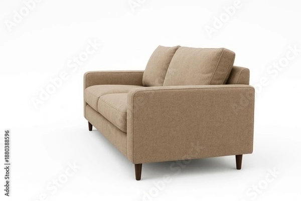 Obraz A light brown sofa against a white background, viewed from the side.