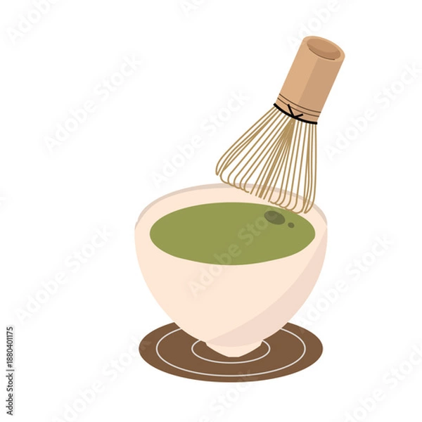 Fototapeta お茶を点てる。茶筅と緑茶。ベクターイラスト