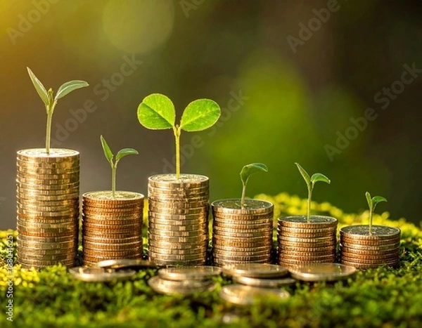 Obraz 積み上げた金貨が増えるイメージと金色の背景