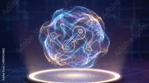 Obraz Abstract cloud computing tech. Safe encrypted storage, personal data protection, verified encription tech. Security protocol wireless file transfer drive service. Global database, online information