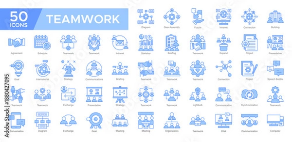 Obraz Teamwork collection set. Statistics, Supervised ,Teamwork, Project , Presentation, Strategy , Communications, Diagram, icon. Simple Blue vector illustration