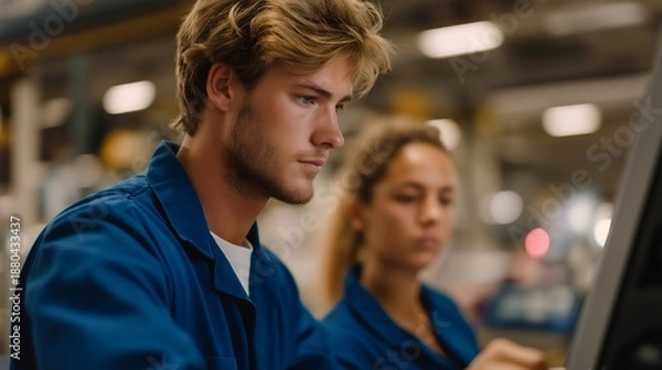 Obraz Manufacturing facility scene featuring technicians calibrating control systems, highlighting preventive maintenance, precision engineering, and process stability. cinematic color correction,