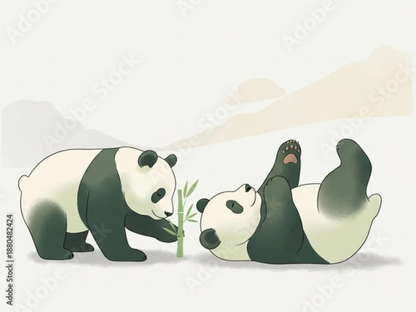 Obraz 笹で遊ぶパンダ