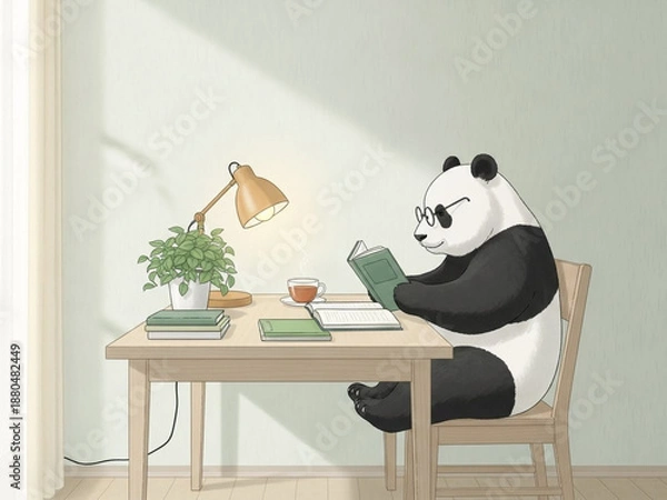 Obraz テーブルで読書するパンダ