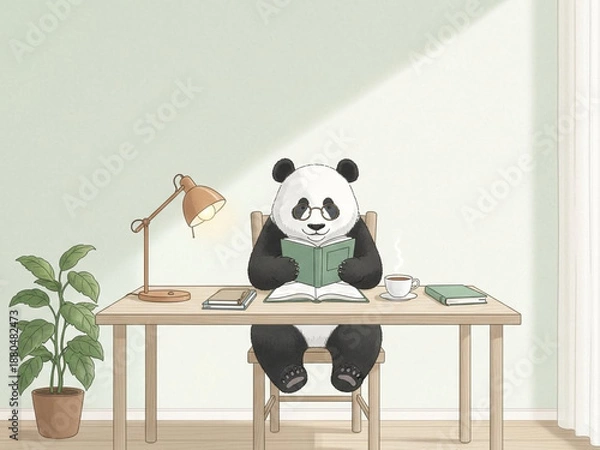 Obraz テーブルで読書するパンダ