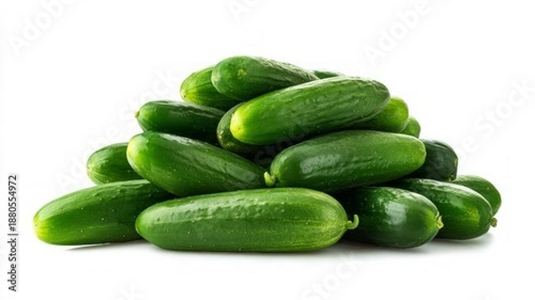 Obraz Fresh cucumbers piled on white background. AI generated