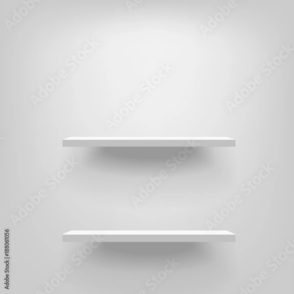 Fototapeta Two white realistic vector shelves attached to the wall vertically. Advertising equipment mockup in 3d style. Empty template for product display. Exhibition furniture, isolated, light grey colored.