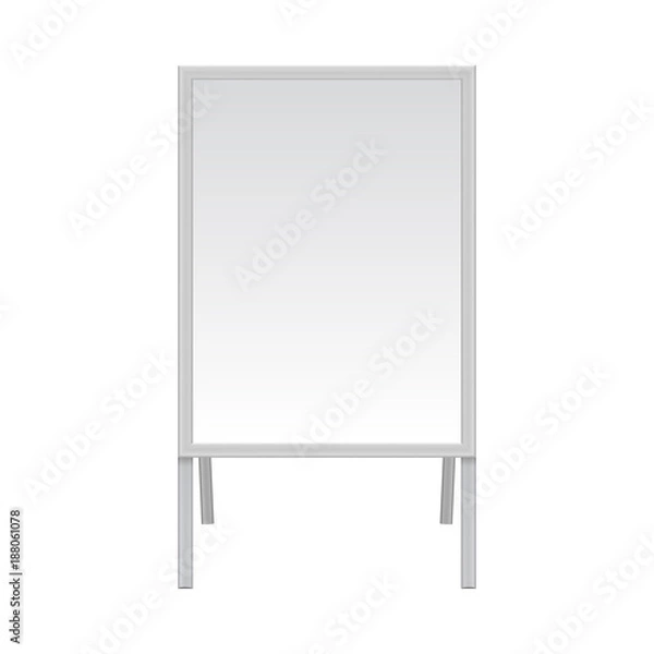 Obraz Blank rectangular advertising with empty copy space. Metal sandwich message board with frame for commercial or presentation. Street sidewalk signs with stands, in vector, isolated on white background.