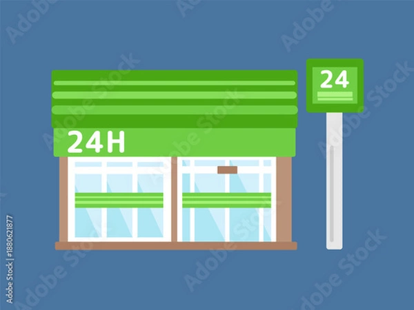 Obraz 夜間のナチュラルな印象のグリーン系コンビニ建物イラスト